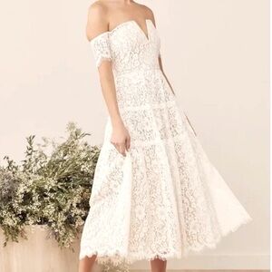 Lulus Absolutely Stunning White Lace Off-the-Shoulder Midi Dress Size XS